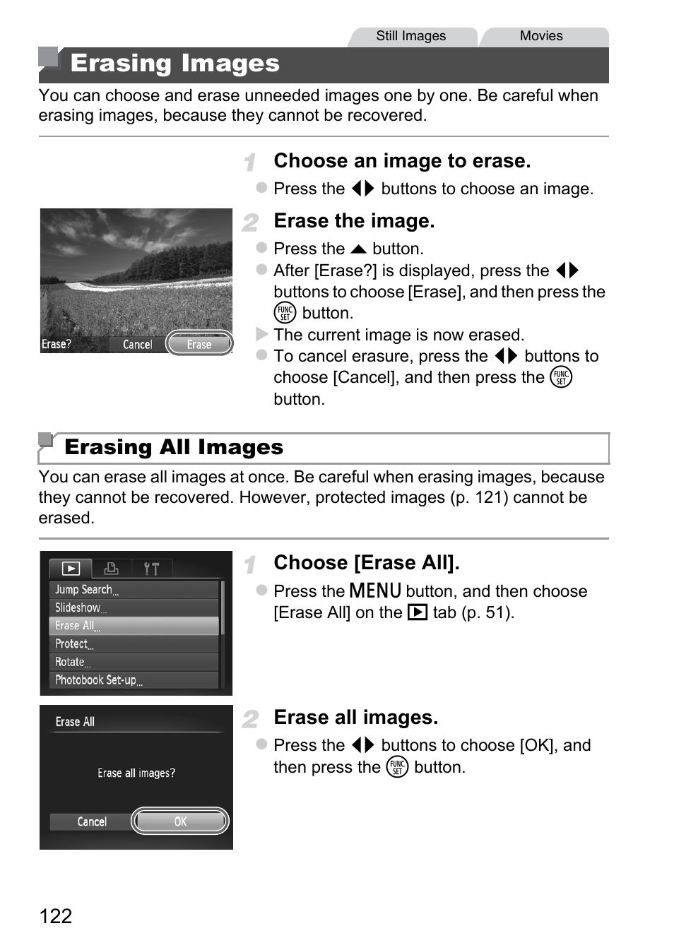 Erasing images, P. 122, Erasing all images | Choose an image to erase, Erase the image, Choose [erase all, Erase all images | Canon A4050 IS User Manual | Page 122 / 186