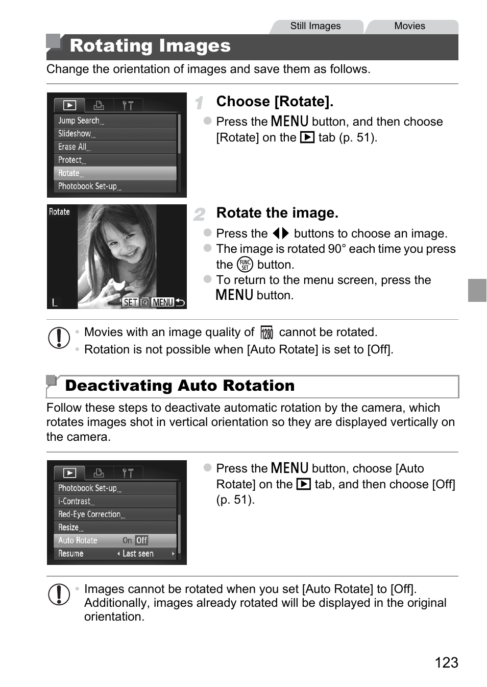 Rotating images, Deactivating auto rotation, Choose [rotate | Rotate the image | Canon A4050 IS User Manual | Page 123 / 186