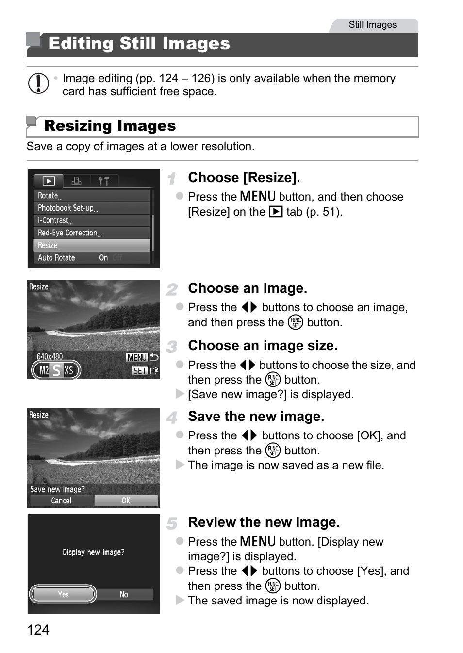 Editing still images, Resizing images, Choose [resize | Choose an image, Choose an image size, Save the new image, Review the new image | Canon A4050 IS User Manual | Page 124 / 186