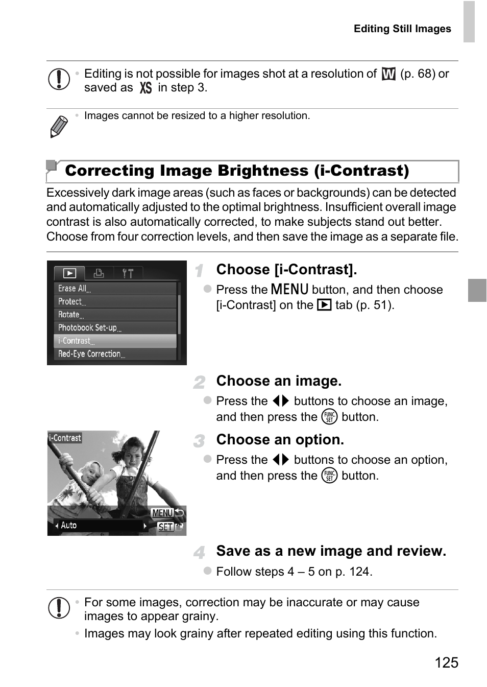 Correcting image brightness (i-contrast), Choose [i-contrast, Choose an image | Choose an option, Save as a new image and review | Canon A4050 IS User Manual | Page 125 / 186