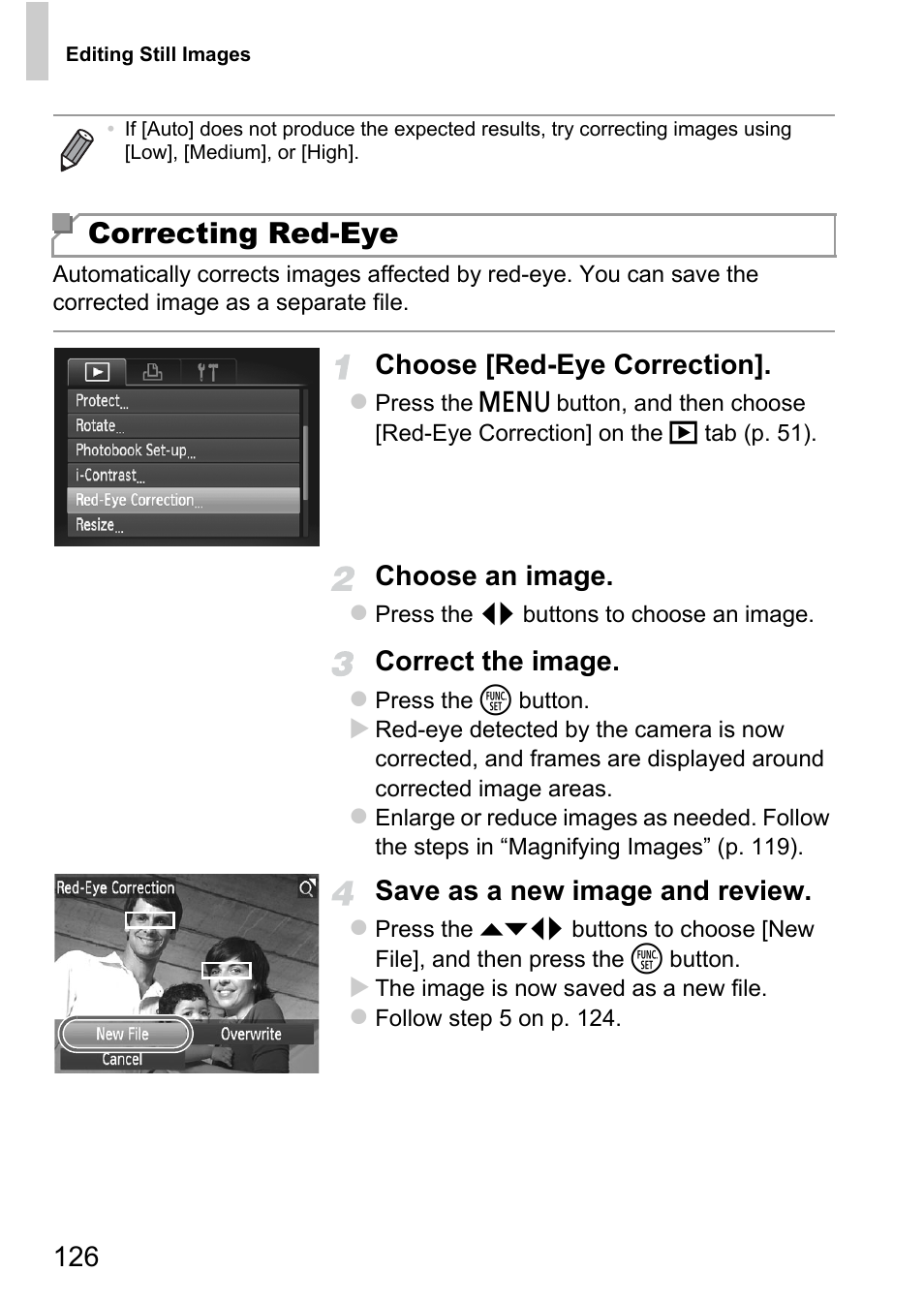 Correcting red-eye, Choose [red-eye correction, Choose an image | Correct the image, Save as a new image and review | Canon A4050 IS User Manual | Page 126 / 186