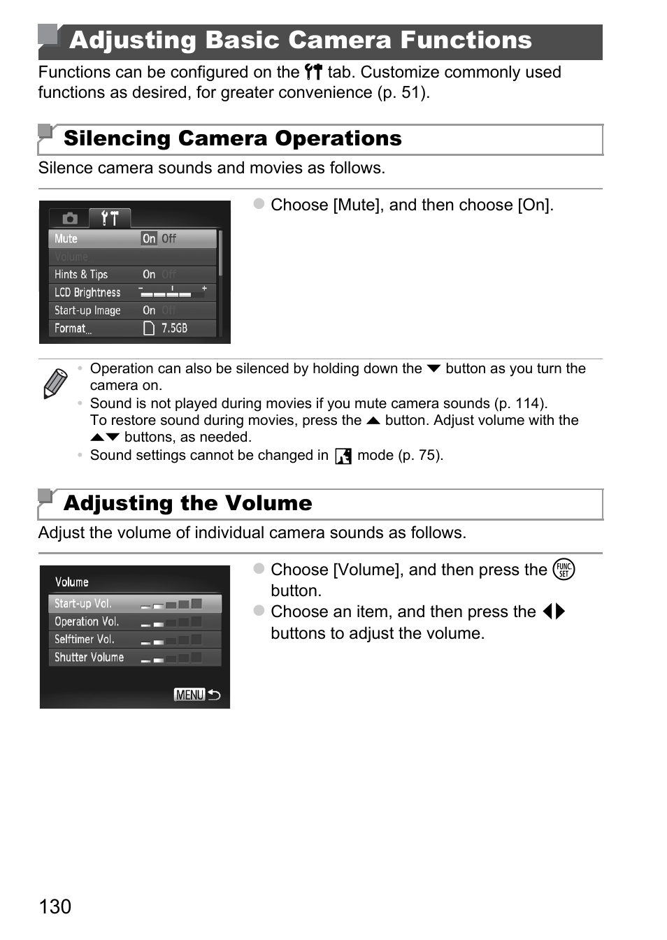 Adjusting basic camera functions, Adjusting basic camera, Functions | Silencing camera operations, Adjusting the volume | Canon A4050 IS User Manual | Page 130 / 186