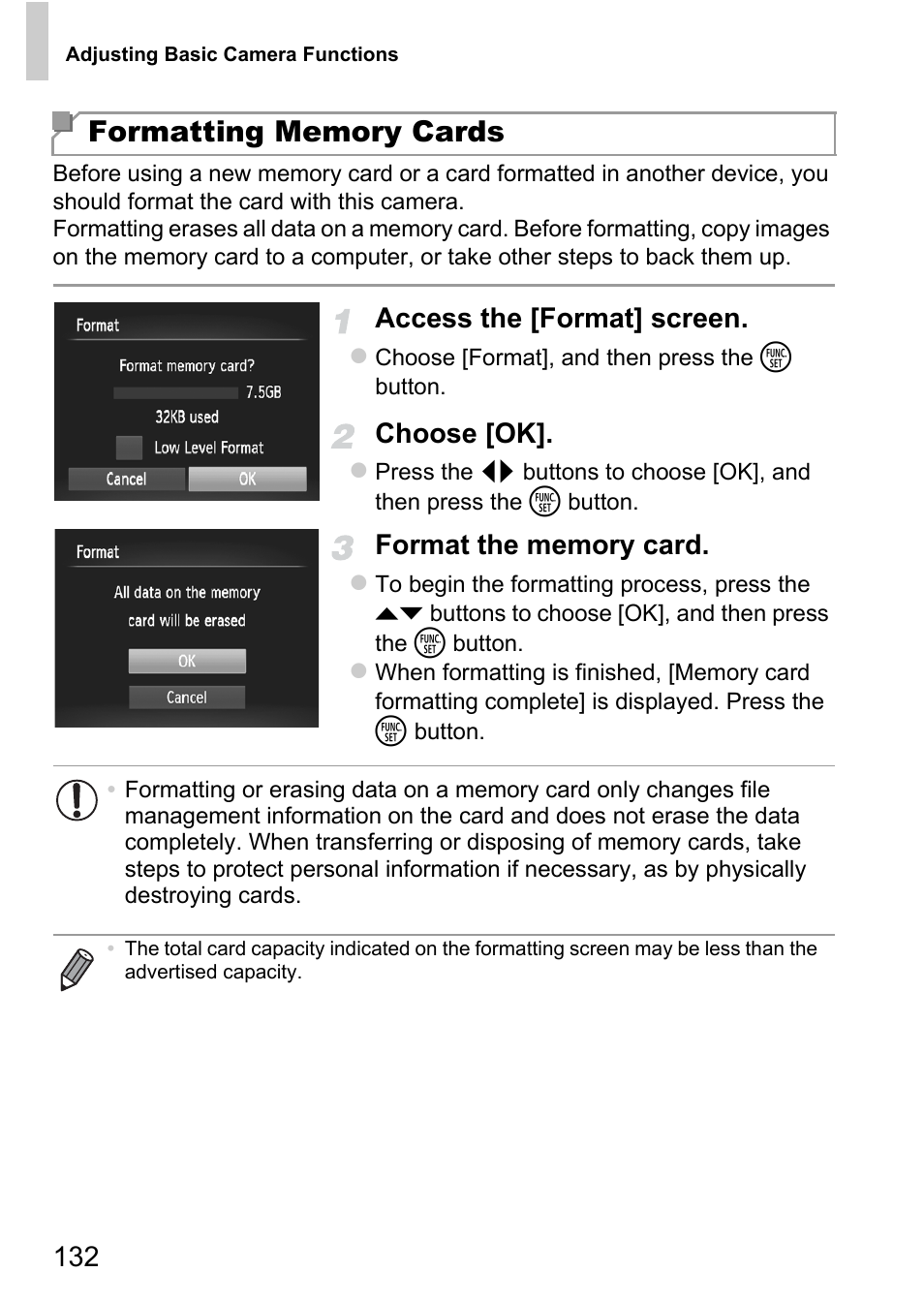 D (pp. 132, Access the [format] screen, Choose [ok | Canon A4050 IS User Manual | Page 132 / 186