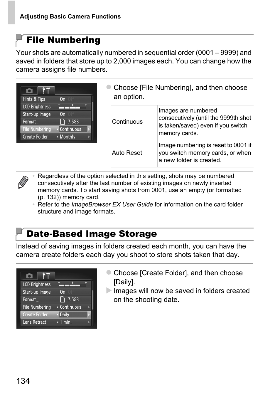 File numbering, Date-based image storage | Canon A4050 IS User Manual | Page 134 / 186