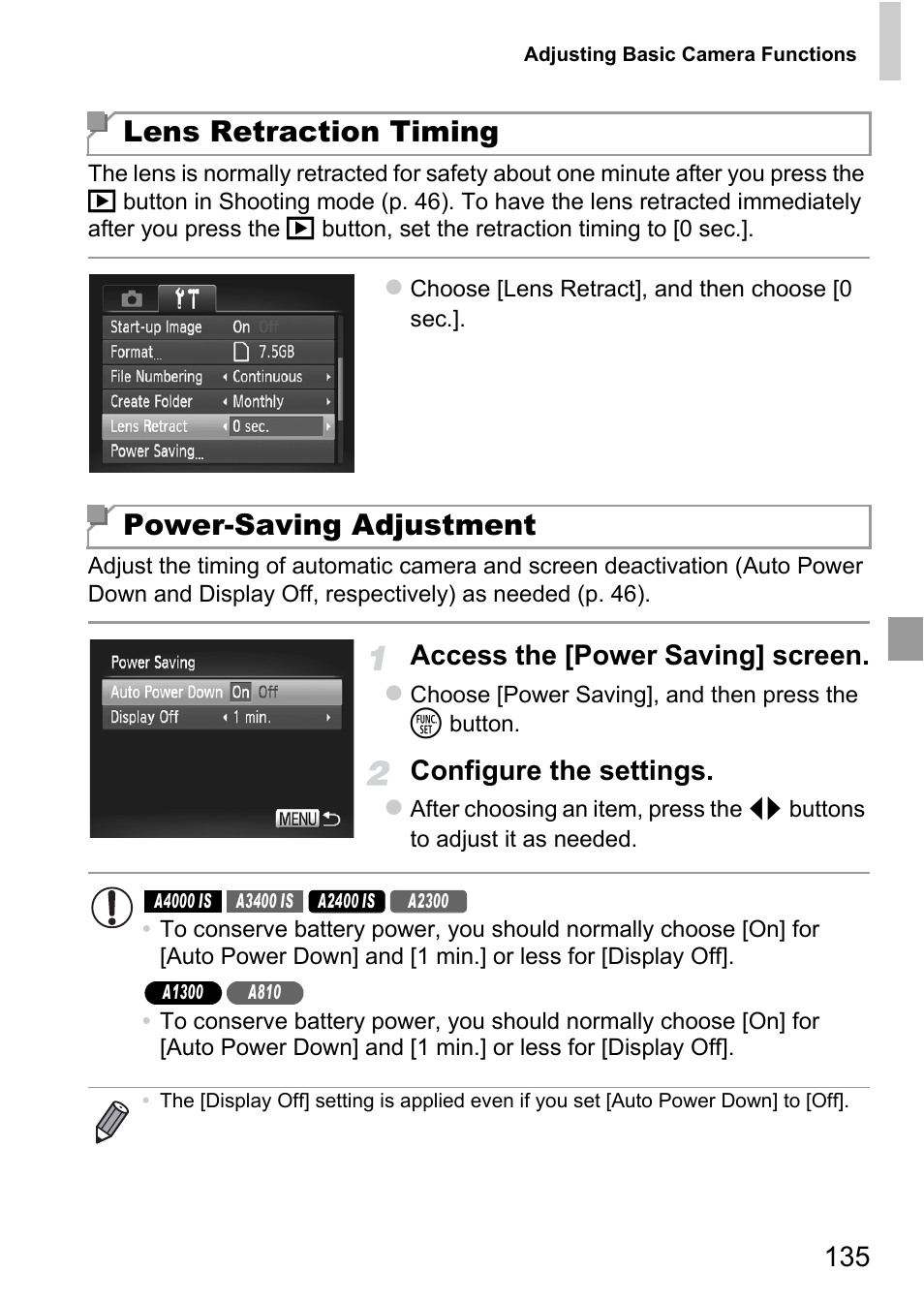 Fer (p. 135), Eactivation (p. 135), Lens retraction timing power-saving adjustment | Access the [power saving] screen, Configure the settings | Canon A4050 IS User Manual | Page 135 / 186
