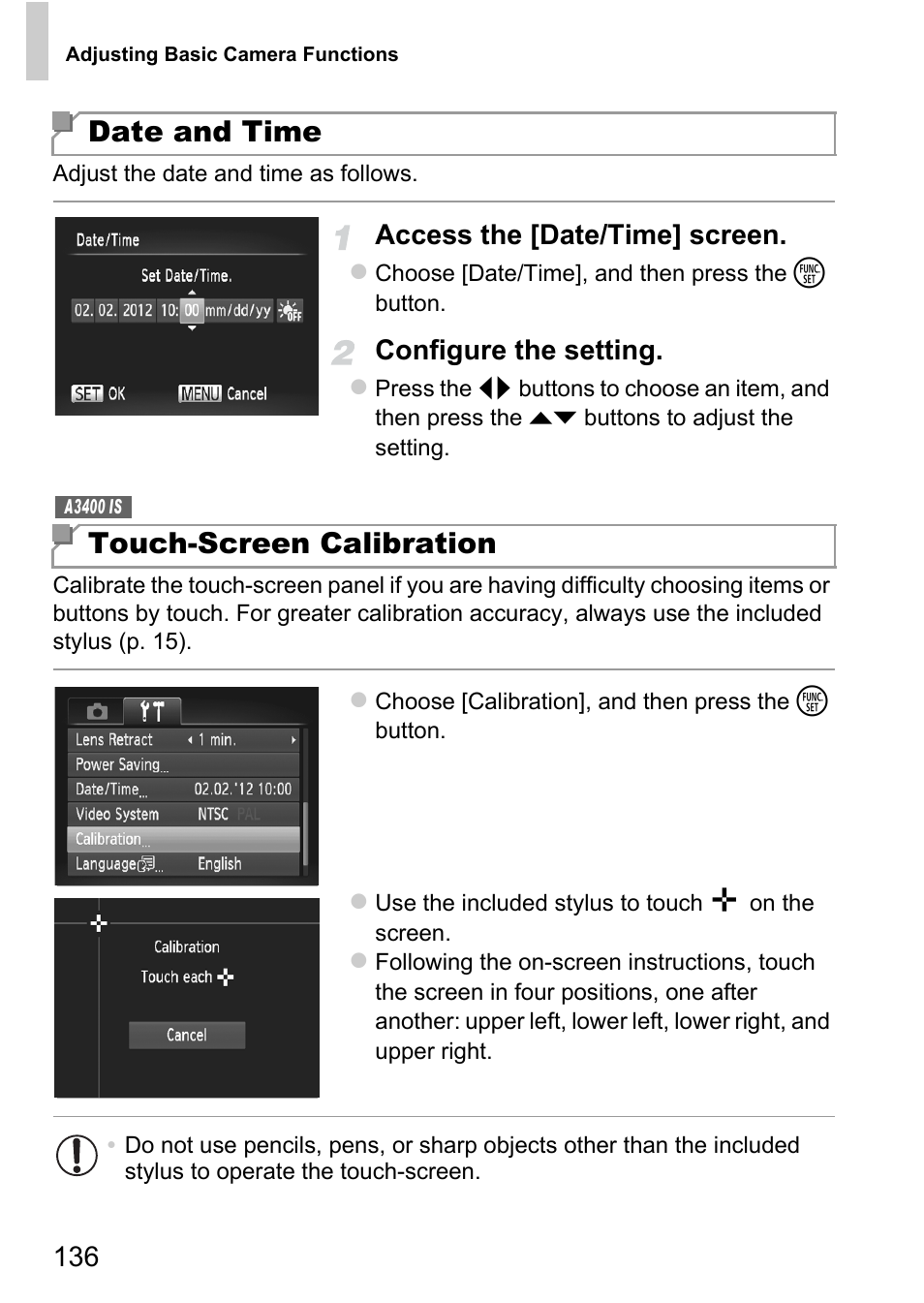 Date and time touch-screen calibration, Access the [date/time] screen, Configure the setting | Canon A4050 IS User Manual | Page 136 / 186
