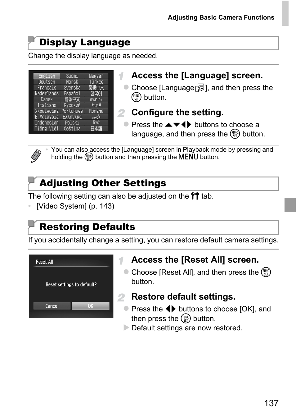 Display language, Adjusting other settings restoring defaults, Access the [language] screen | Configure the setting, Access the [reset all] screen, Restore default settings | Canon A4050 IS User Manual | Page 137 / 186