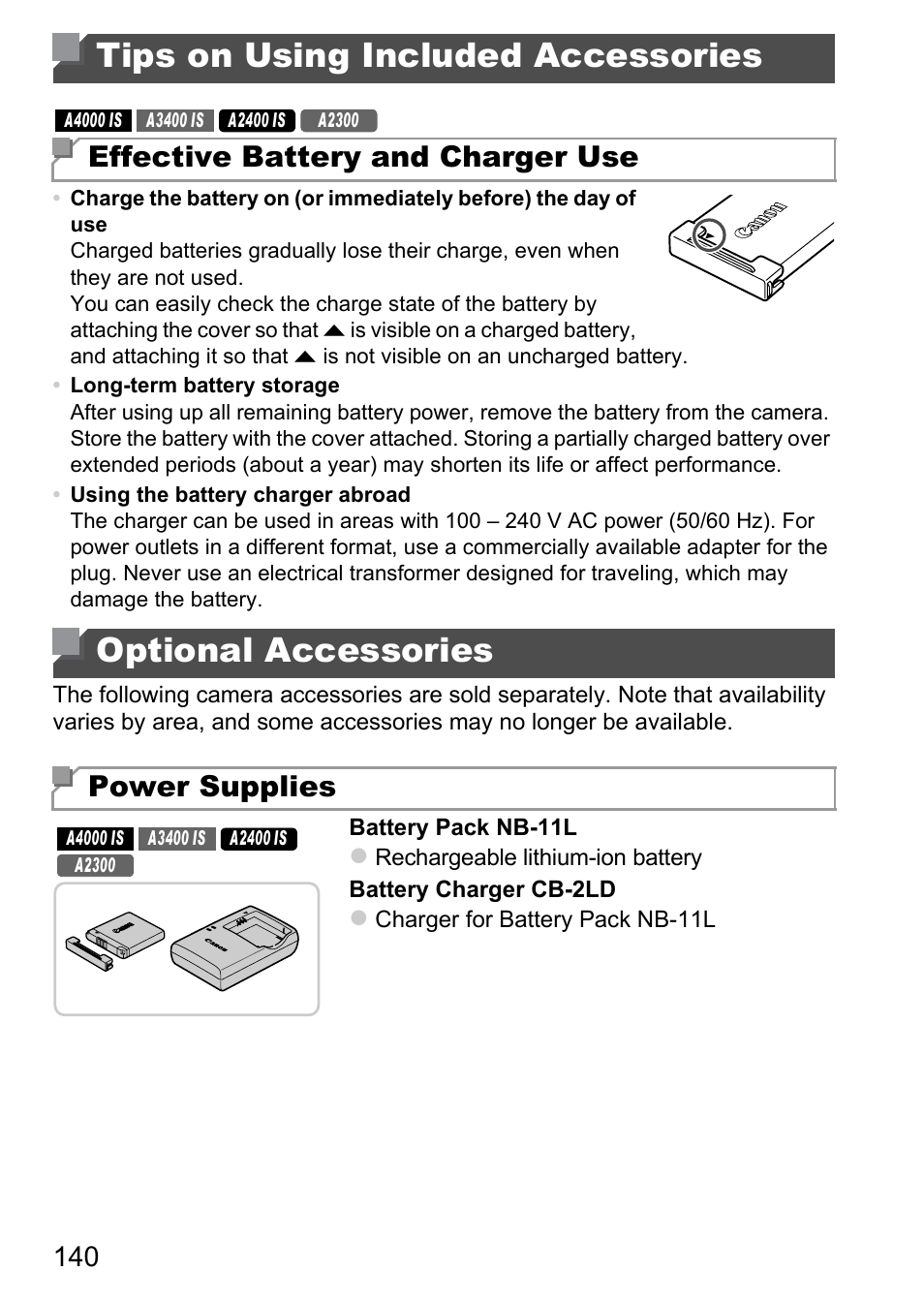 Tips on using included accessories, Optional accessories, Tips on using included | Accessories, Parately, p. 140, P. 140), t, Effective battery and charger use, Power supplies | Canon A4050 IS User Manual | Page 140 / 186