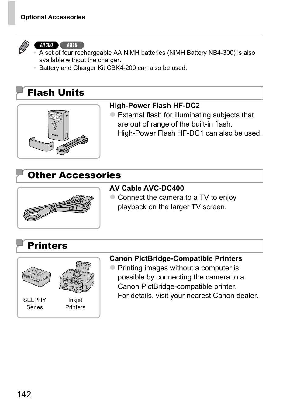 Flash units, Other accessories printers | Canon A4050 IS User Manual | Page 142 / 186