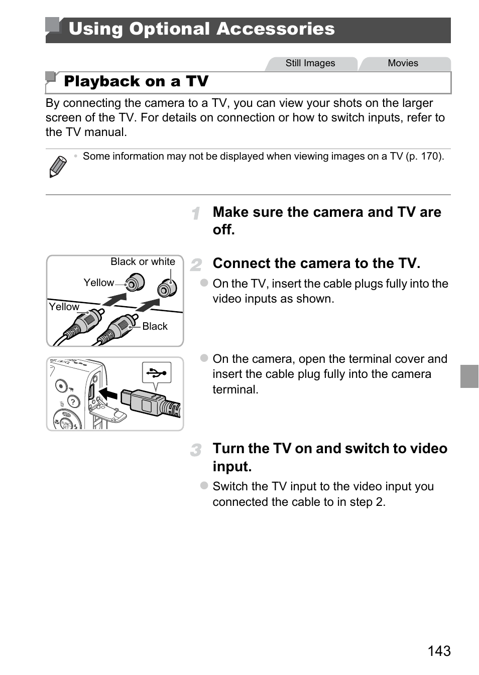 Using optional accessories, P. 143), Playback on a tv | Turn the tv on and switch to video input | Canon A4050 IS User Manual | Page 143 / 186