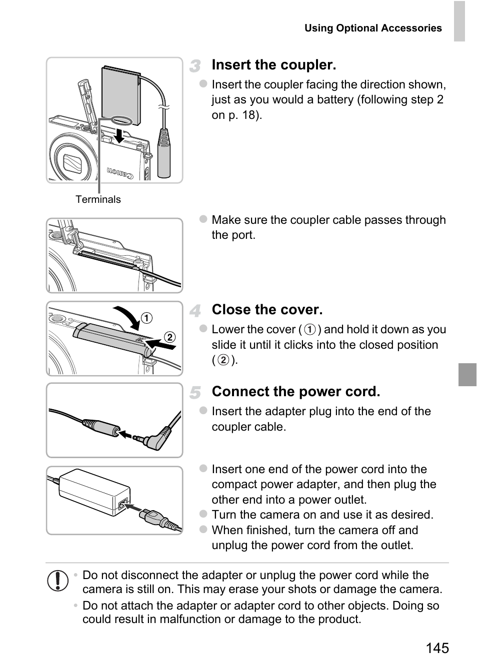 145 insert the coupler, Close the cover, Connect the power cord | Canon A4050 IS User Manual | Page 145 / 186