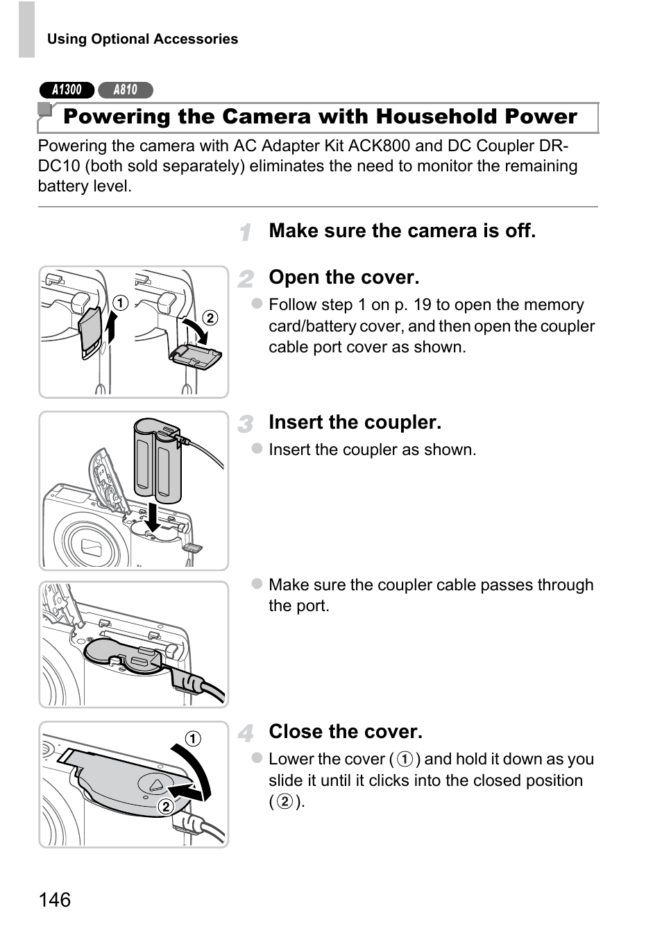 Powering the camera with household power | Canon A4050 IS User Manual | Page 146 / 186