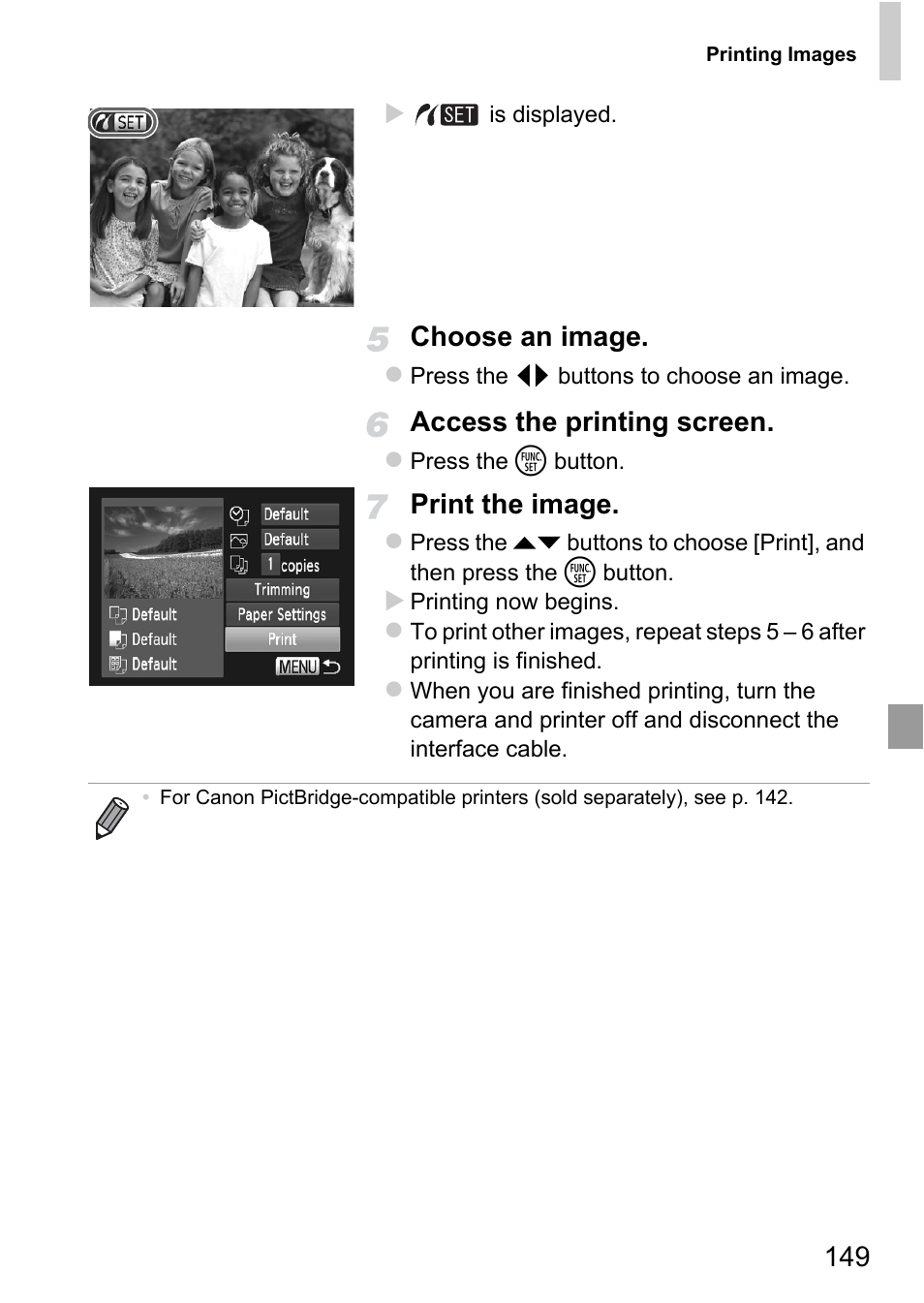 Choose an image, Access the printing screen, Print the image | Canon A4050 IS User Manual | Page 149 / 186