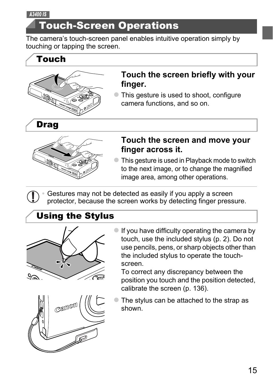 Touch-screen operations | Canon A4050 IS User Manual | Page 15 / 186