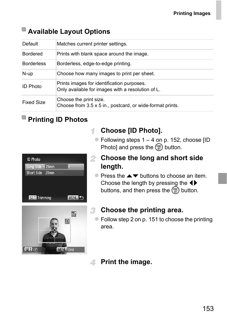 153 choose [id photo, Choose the long and short side length, Choose the printing area | Print the image. available layout options, Printing id photos | Canon A4050 IS User Manual | Page 153 / 186