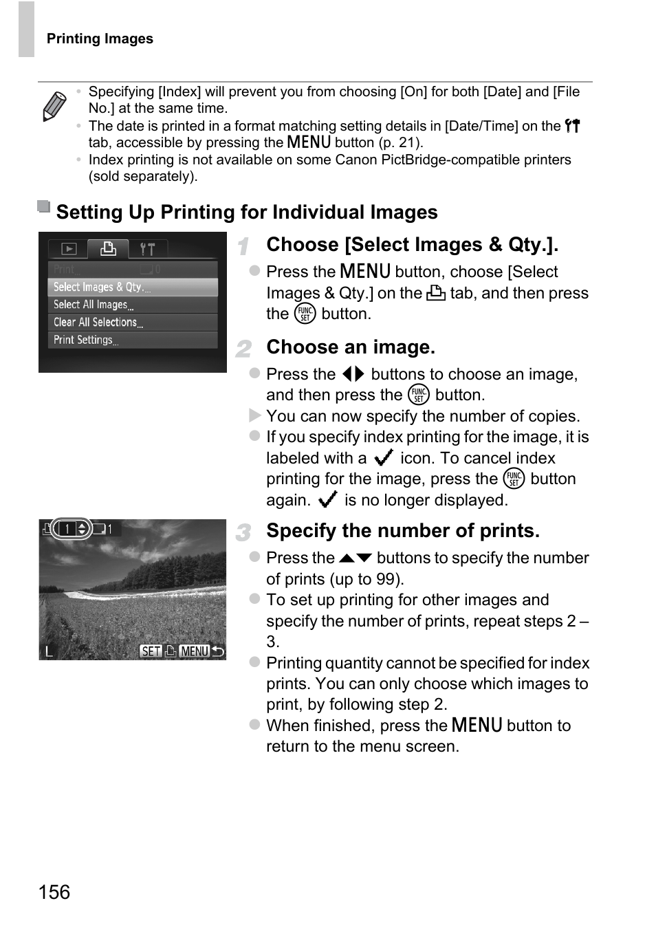156 choose [select images & qty, Choose an image, Specify the number of prints | Setting up printing for individual images | Canon A4050 IS User Manual | Page 156 / 186