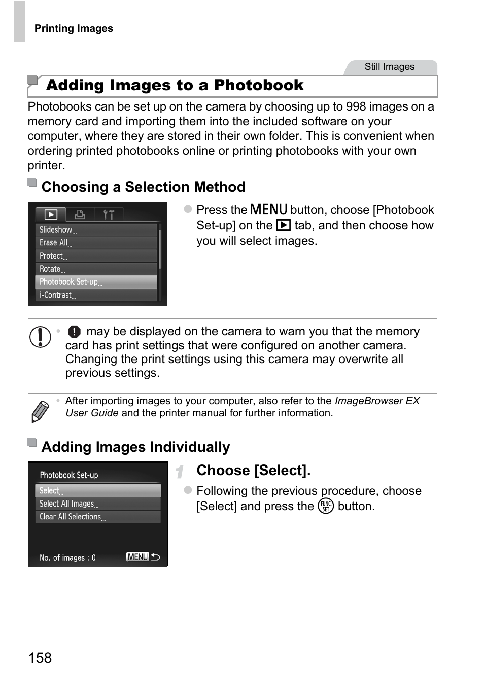 Adding images to a photobook, Choose [select, Choosing a selection method | Adding images individually | Canon A4050 IS User Manual | Page 158 / 186