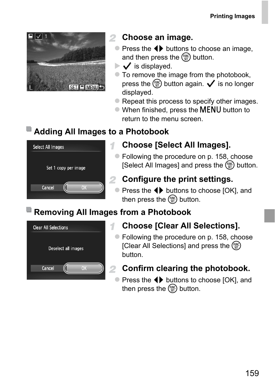 159 choose an image, Choose [select all images, Configure the print settings | Choose [clear all selections, Confirm clearing the photobook | Canon A4050 IS User Manual | Page 159 / 186