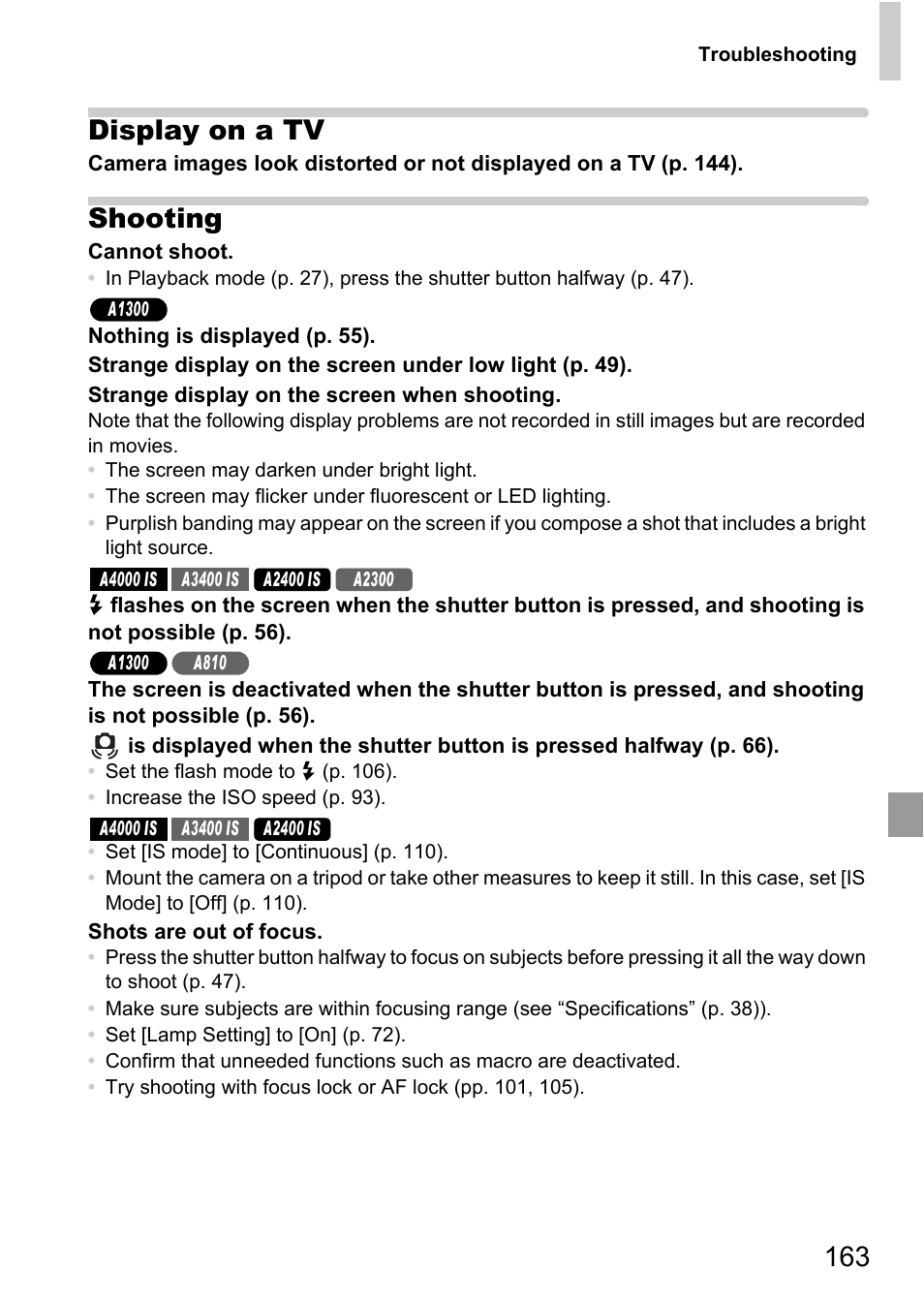 Eactivated) (p. 163), Ctivated) (p. 163), Distance warning (p. 163) | Activated) (p. 163), 163 display on a tv, Shooting | Canon A4050 IS User Manual | Page 163 / 186