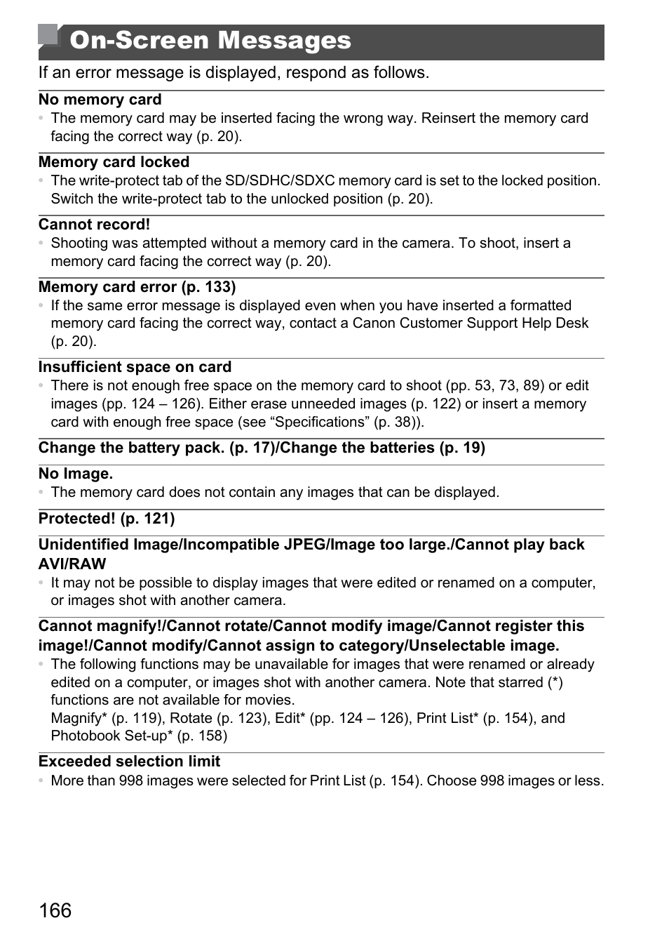 On-screen messages | Canon A4050 IS User Manual | Page 166 / 186