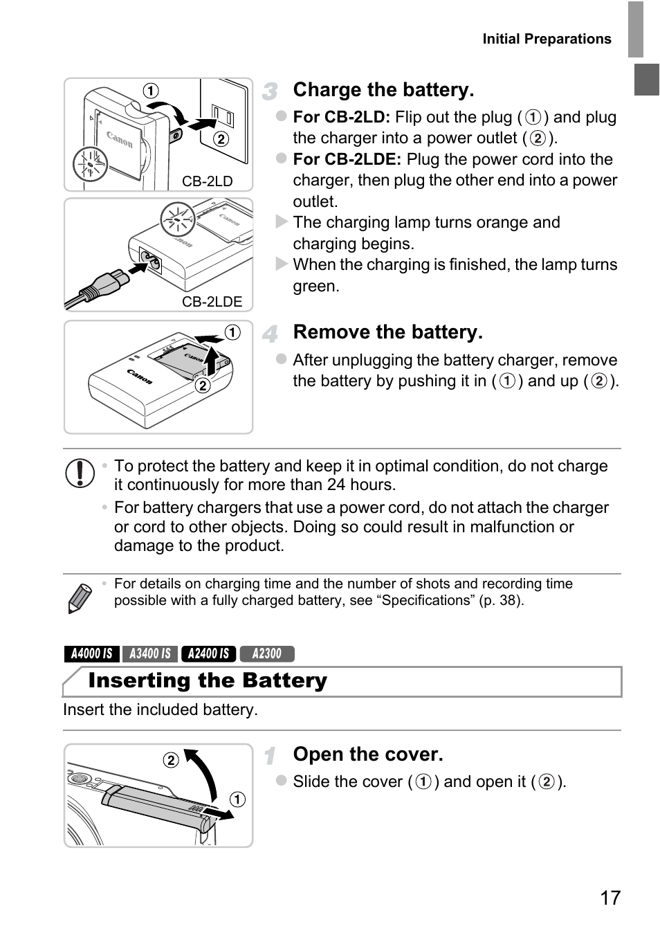 Inserting the battery, 17 charge the battery, Remove the battery | Open the cover | Canon A4050 IS User Manual | Page 17 / 186