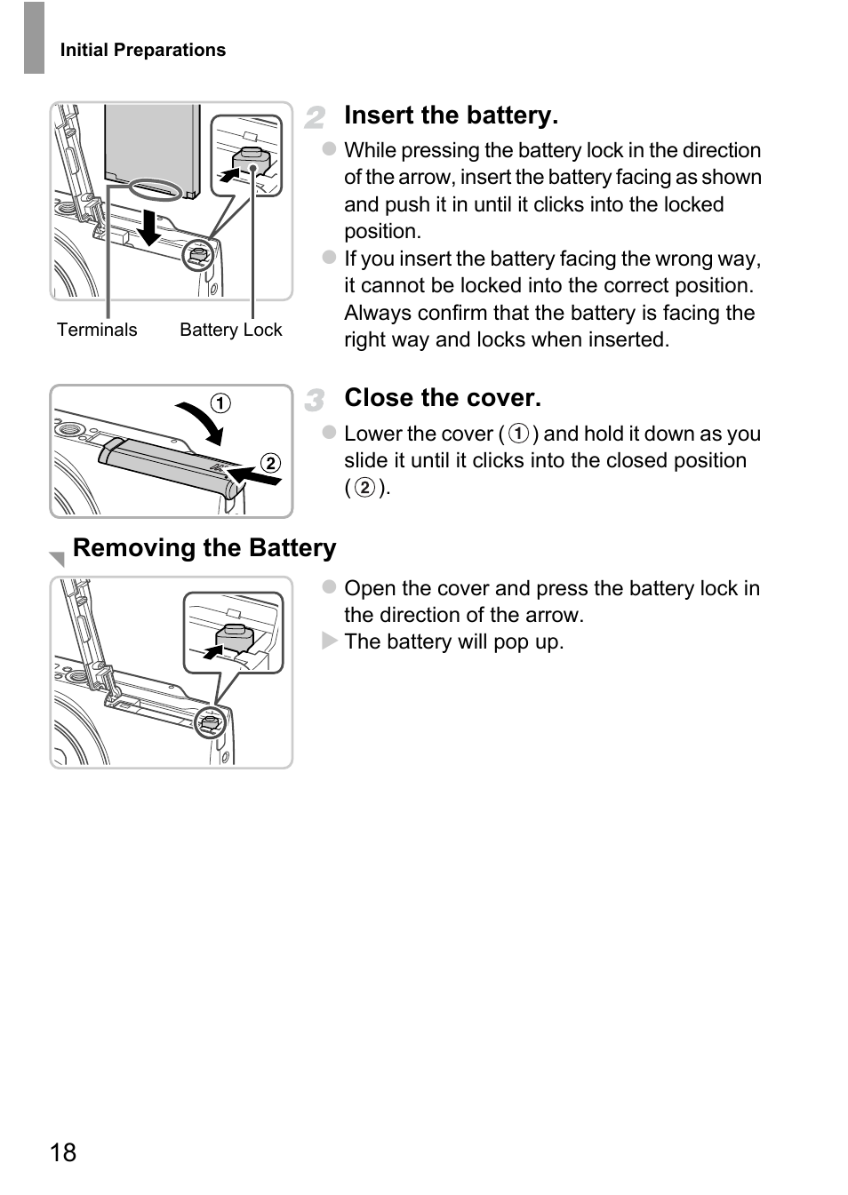 18 insert the battery, Close the cover, Removing the battery | Canon A4050 IS User Manual | Page 18 / 186