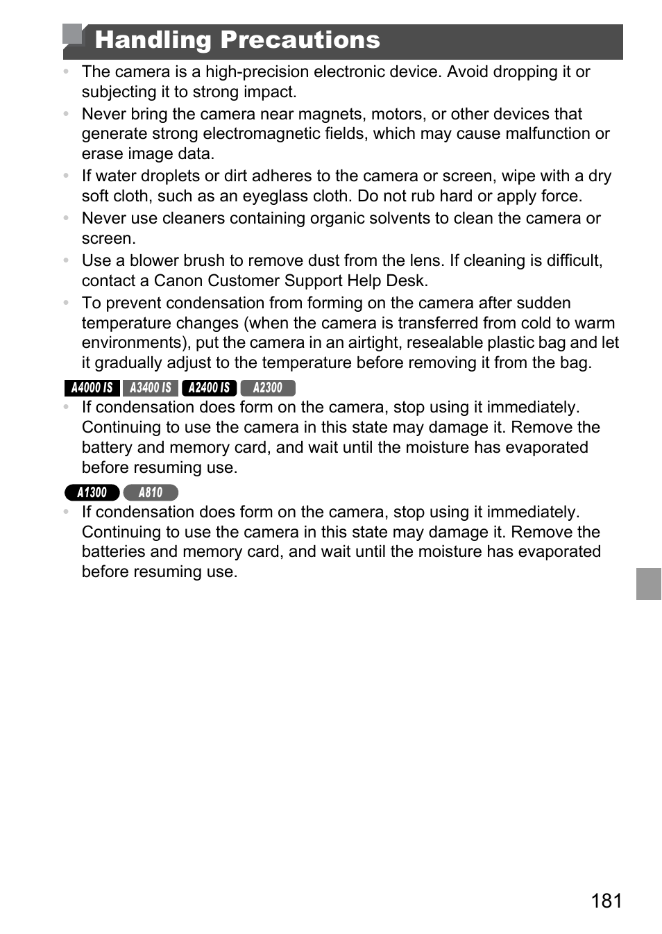 Handling precautions | Canon A4050 IS User Manual | Page 181 / 186