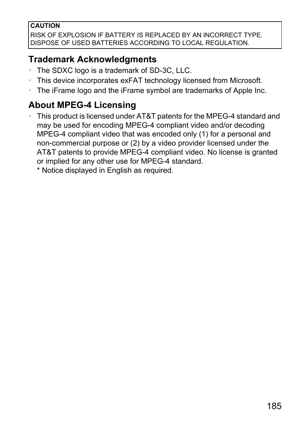 Trademark acknowledgments about mpeg-4 licensing | Canon A4050 IS User Manual | Page 185 / 186