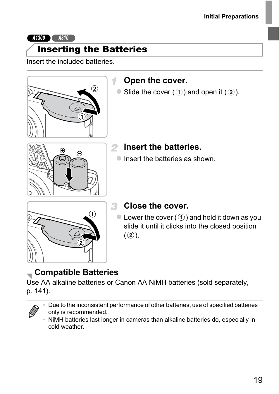 Inserting the batteries, Open the cover, Insert the batteries | Close the cover, Compatible batteries | Canon A4050 IS User Manual | Page 19 / 186