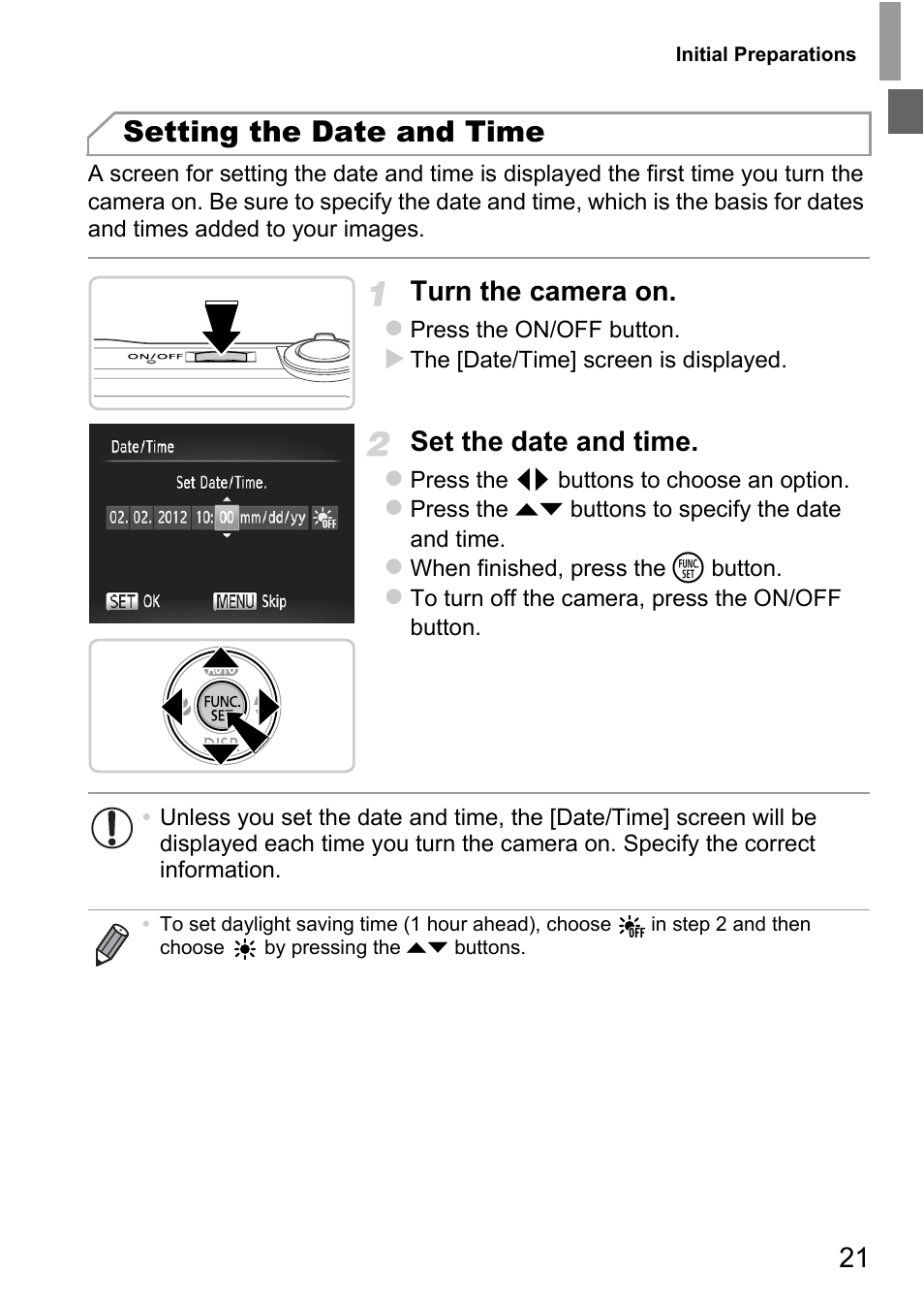 Setting the date and time, Turn the camera on, Set the date and time | Canon A4050 IS User Manual | Page 21 / 186