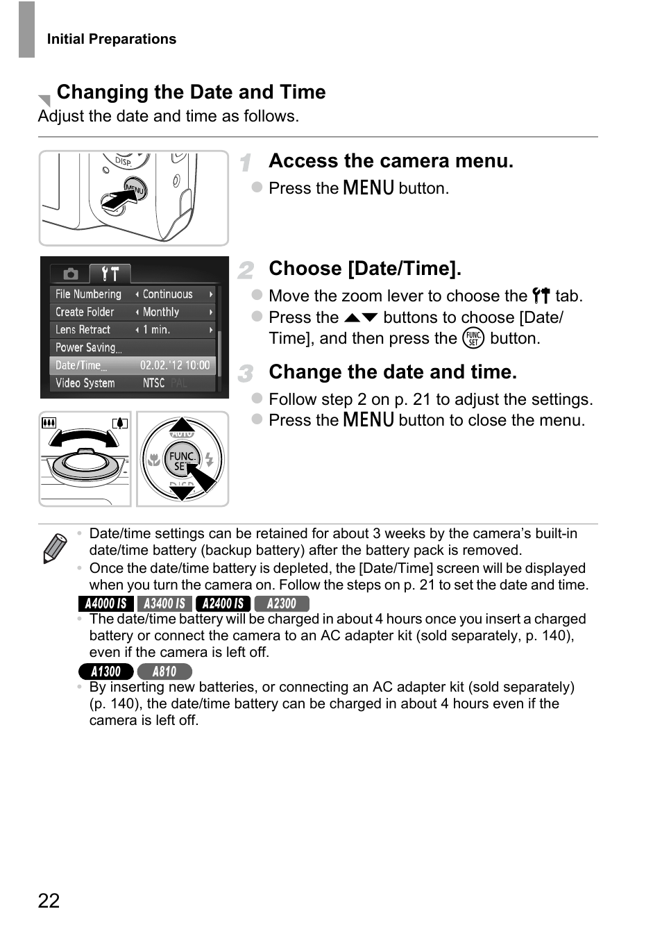 Access the camera menu, Choose [date/time, Change the date and time | Changing the date and time | Canon A4050 IS User Manual | Page 22 / 186