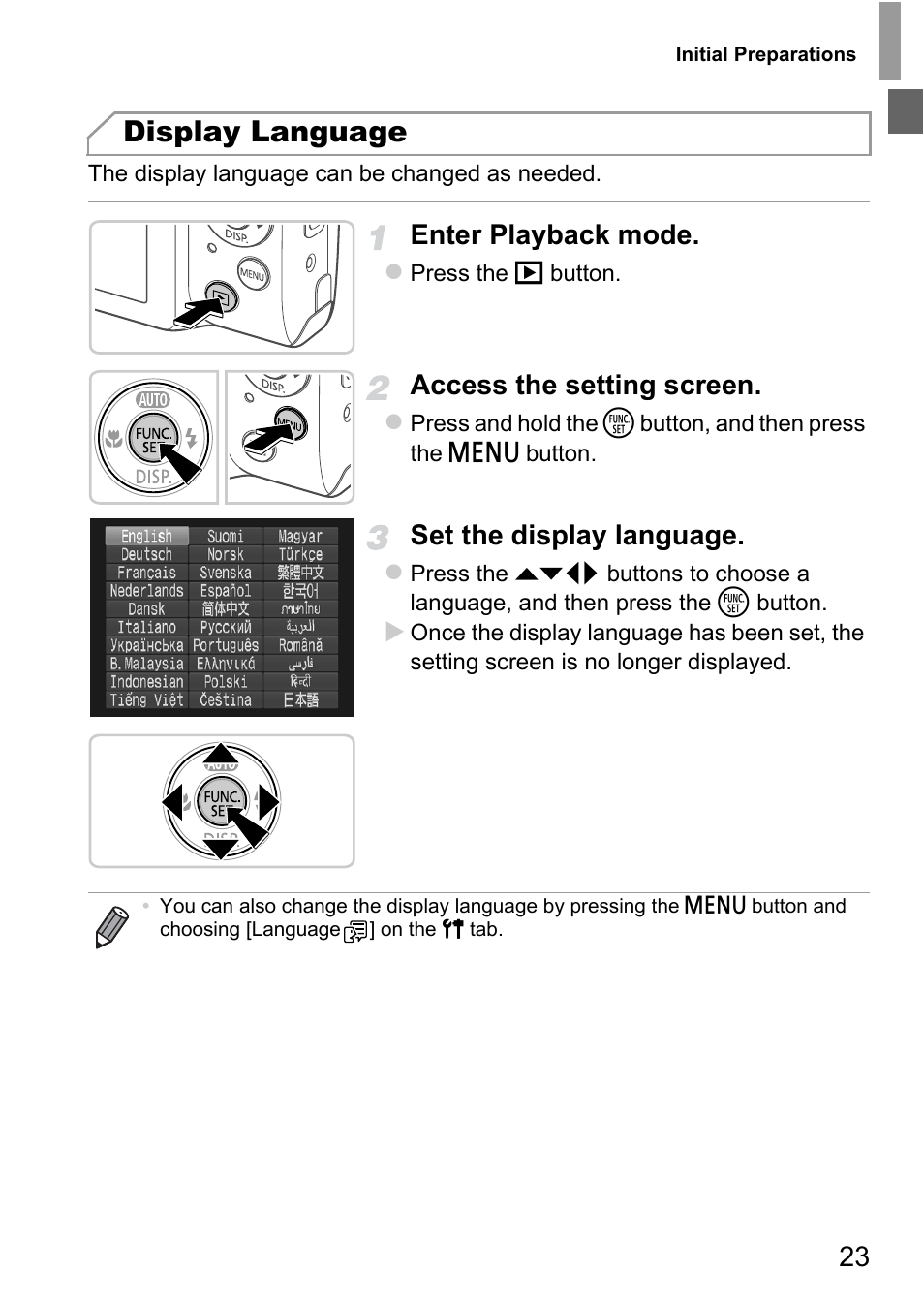 Display language, Enter playback mode, Access the setting screen | Set the display language | Canon A4050 IS User Manual | Page 23 / 186