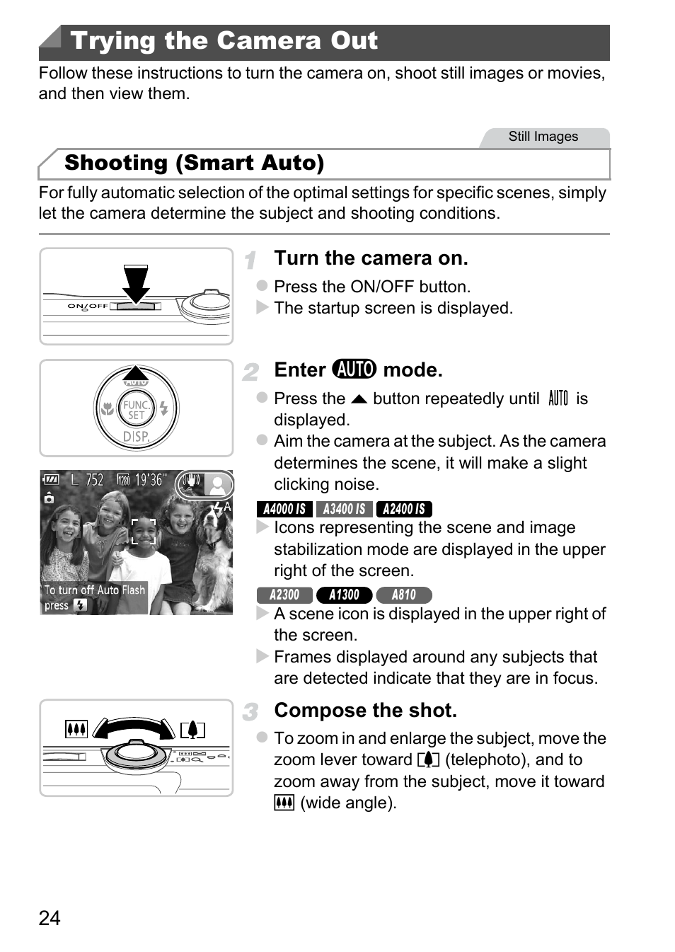 Trying the camera out, Shooting (smart auto), Turn the camera on | Enter a mode, Compose the shot | Canon A4050 IS User Manual | Page 24 / 186