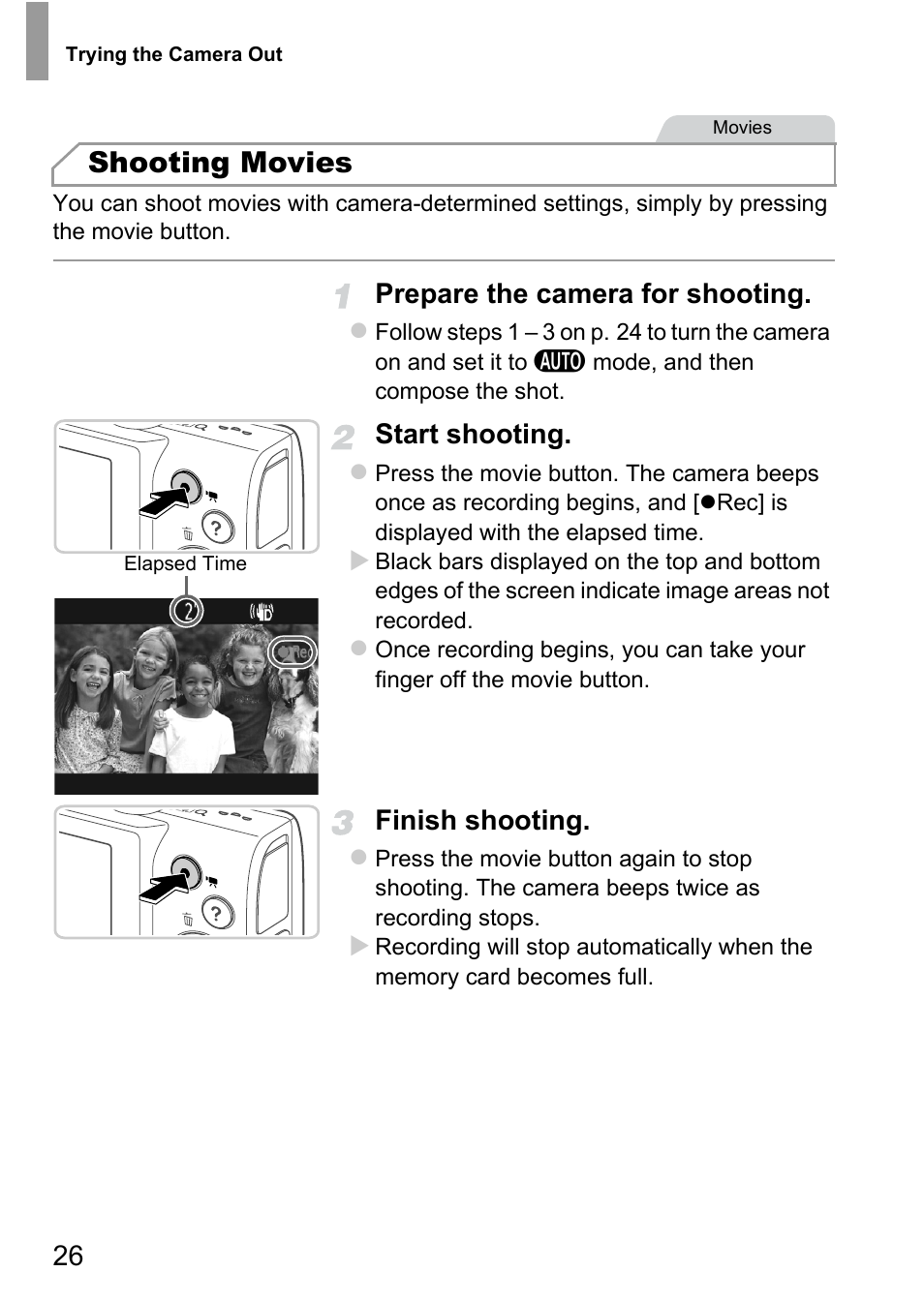 Shooting movies, Prepare the camera for shooting, Start shooting | Finish shooting | Canon A4050 IS User Manual | Page 26 / 186