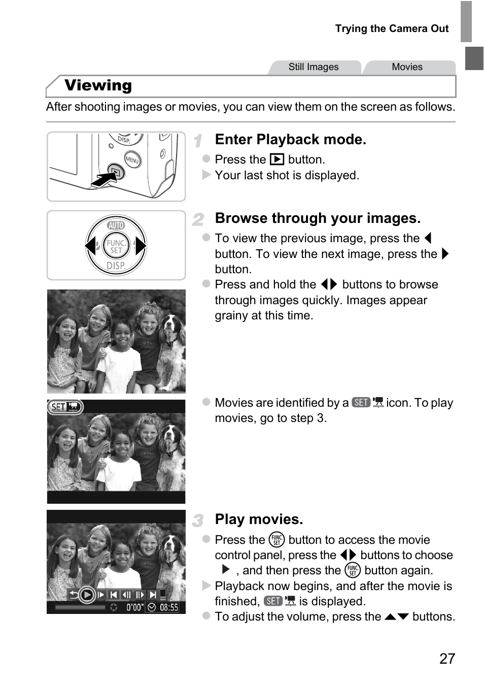 Viewing, Enter playback mode, Browse through your images | Play movies | Canon A4050 IS User Manual | Page 27 / 186