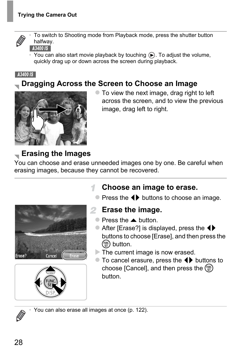 Choose an image to erase, Erase the image, Dragging across the screen to choose an image | Erasing the images | Canon A4050 IS User Manual | Page 28 / 186