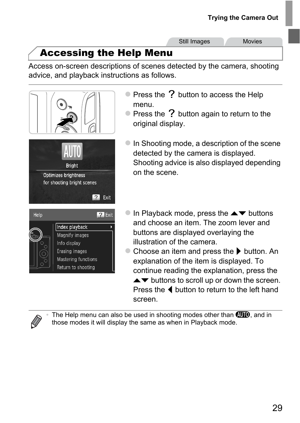 Accessing the help menu | Canon A4050 IS User Manual | Page 29 / 186