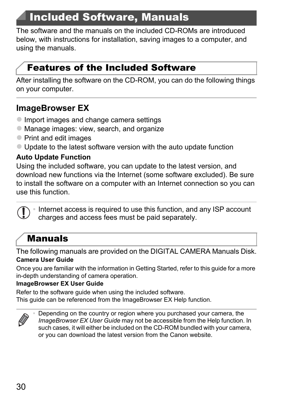 Included software, manuals, Features of the included software, Manuals | Canon A4050 IS User Manual | Page 30 / 186