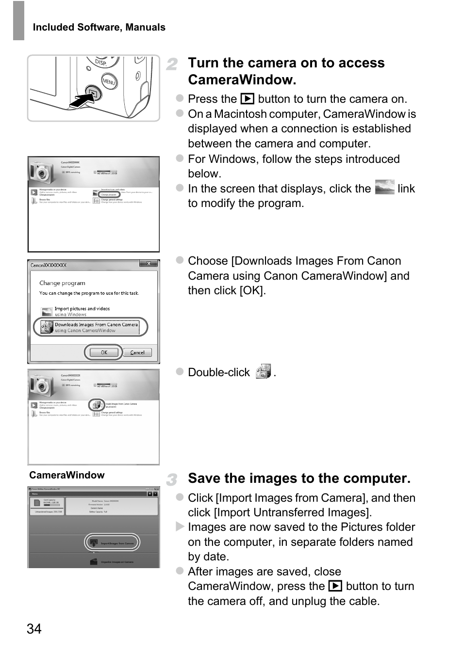 34 turn the camera on to access camerawindow, Save the images to the computer | Canon A4050 IS User Manual | Page 34 / 186