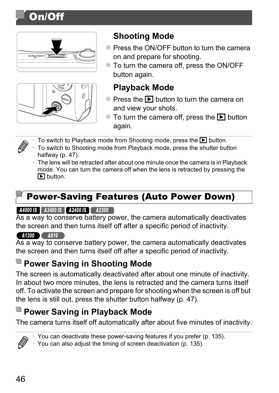 On/off, Power-saving features (auto power down), 46 shooting mode | Playback mode | Canon A4050 IS User Manual | Page 46 / 186