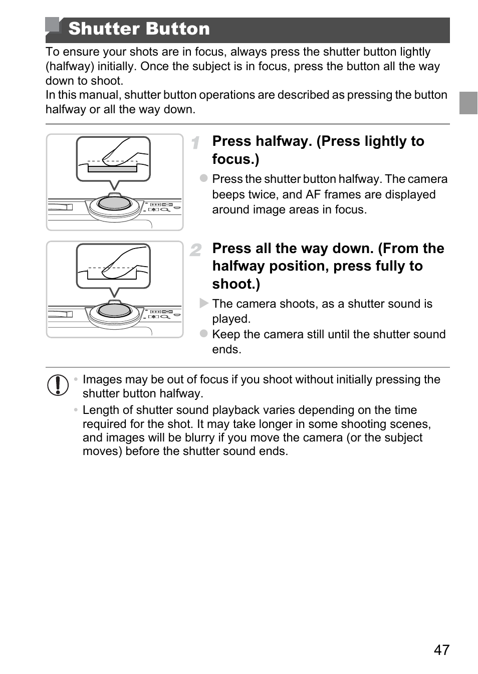 Shutter button, P. 47, Halfway (p. 47) | Canon A4050 IS User Manual | Page 47 / 186