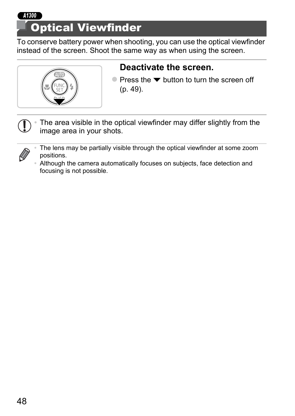 Optical viewfinder, Deactivate the screen | Canon A4050 IS User Manual | Page 48 / 186