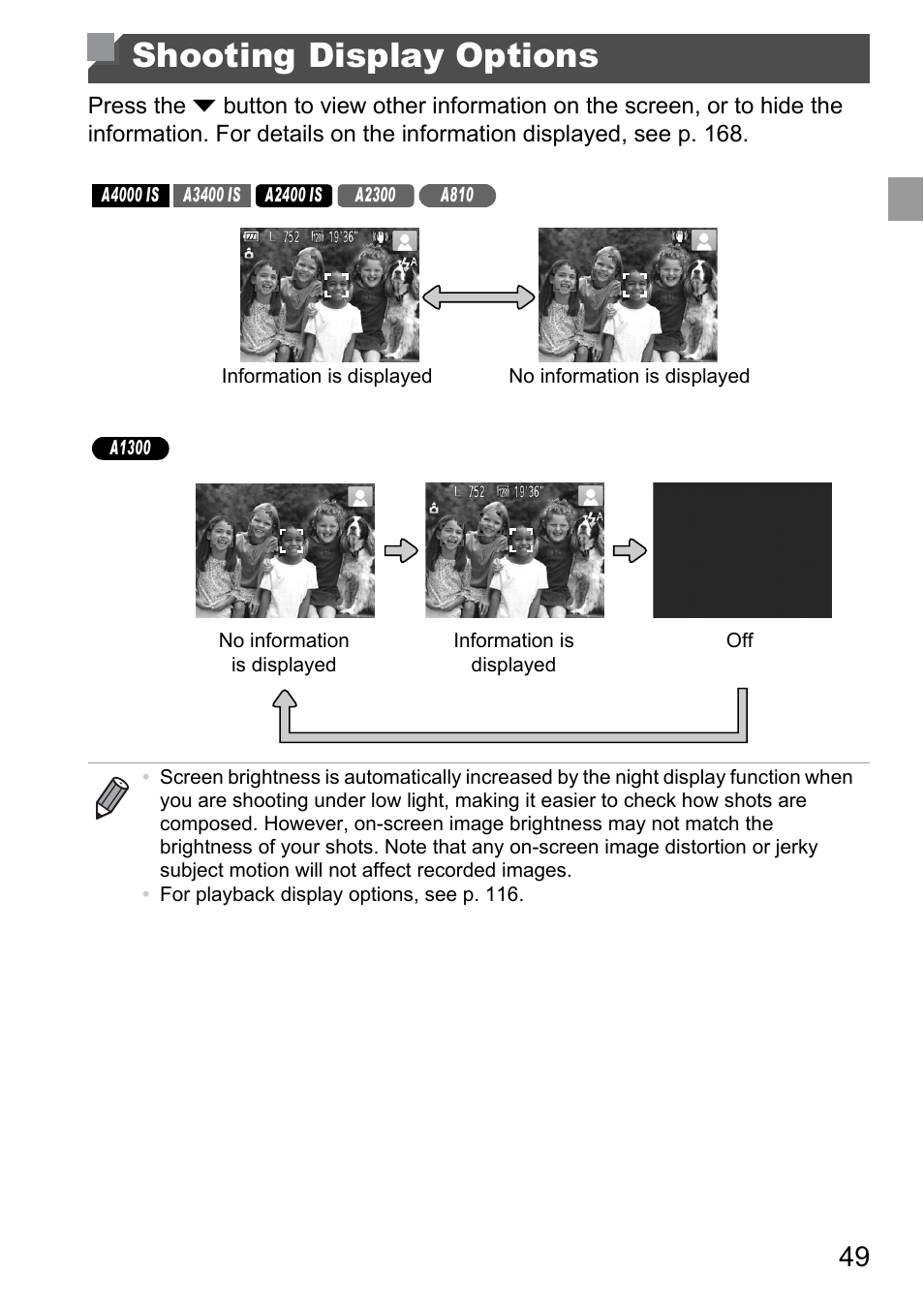 Shooting display options | Canon A4050 IS User Manual | Page 49 / 186