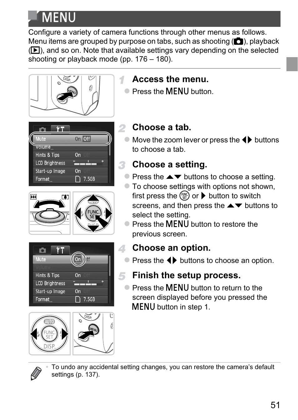 Menu, Access the menu, Choose a tab | Choose a setting, Choose an option, Finish the setup process | Canon A4050 IS User Manual | Page 51 / 186
