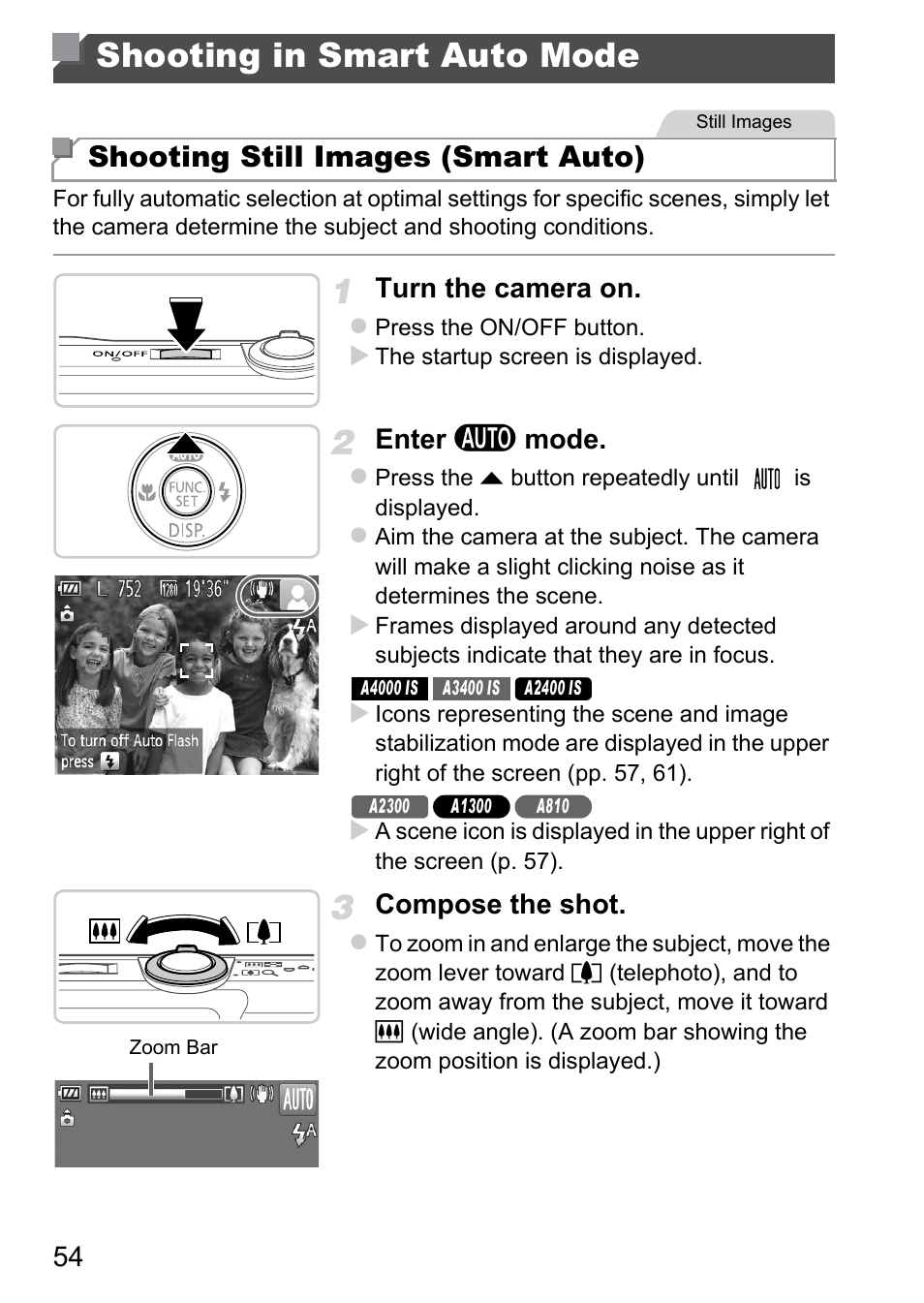Shooting in smart auto mode, Shooting still images (smart auto), Turn the camera on | Enter a mode, Compose the shot | Canon A4050 IS User Manual | Page 54 / 186