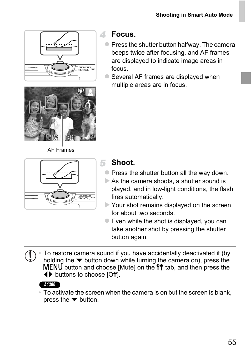 55 focus, Shoot | Canon A4050 IS User Manual | Page 55 / 186