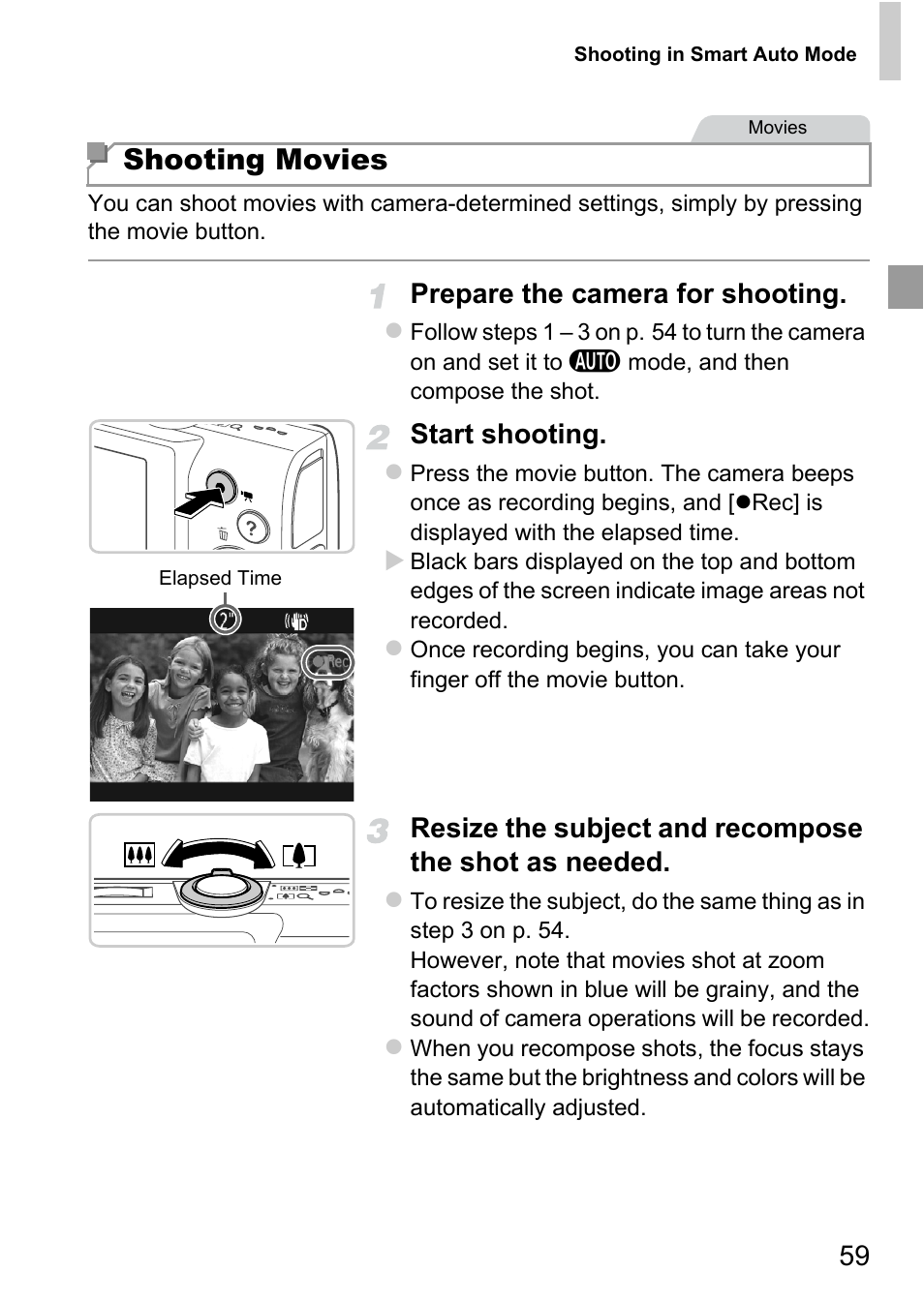 Shooting movies, Prepare the camera for shooting, Start shooting | Canon A4050 IS User Manual | Page 59 / 186