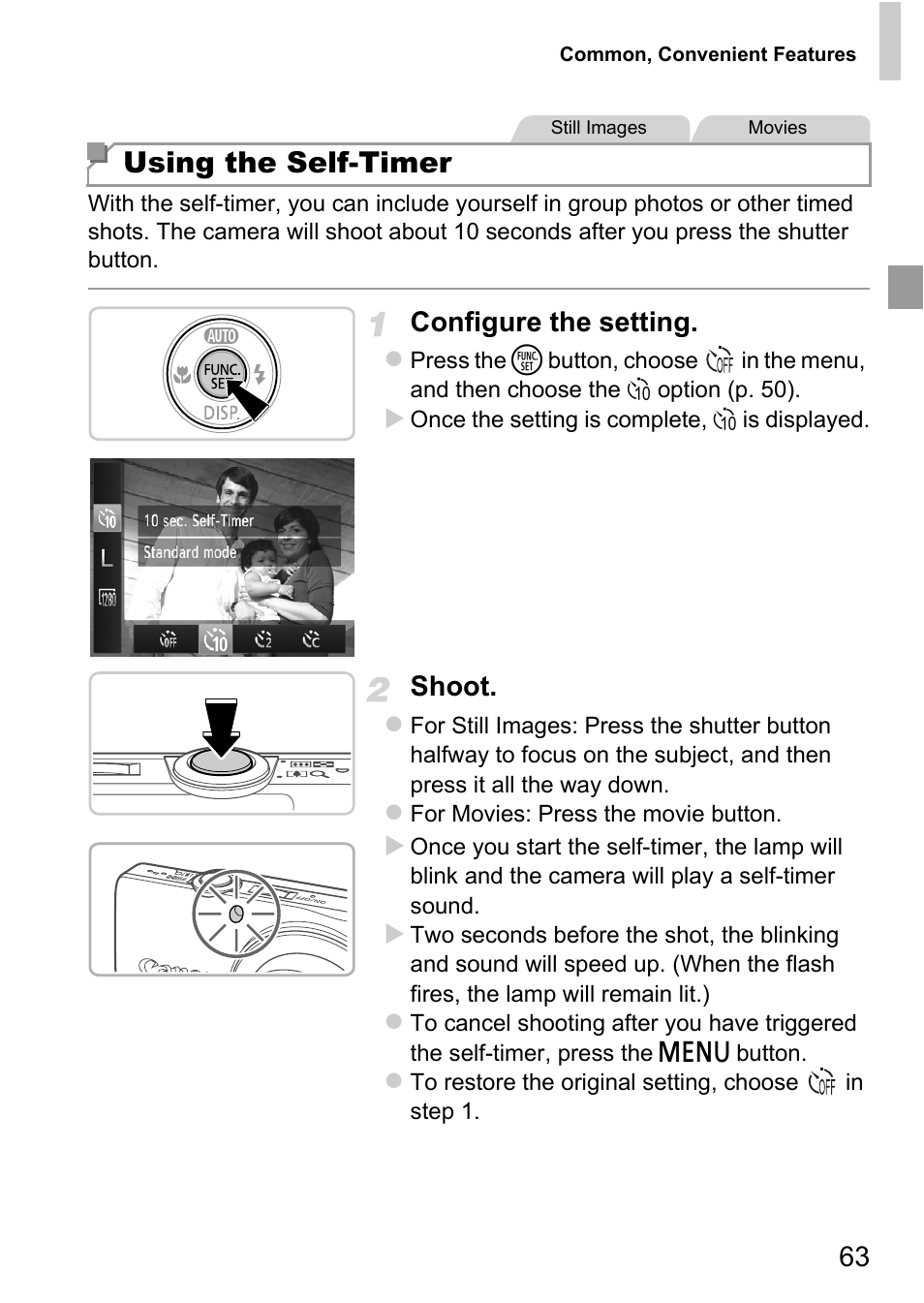 Using the self-timer, Configure the setting, Shoot | Canon A4050 IS User Manual | Page 63 / 186