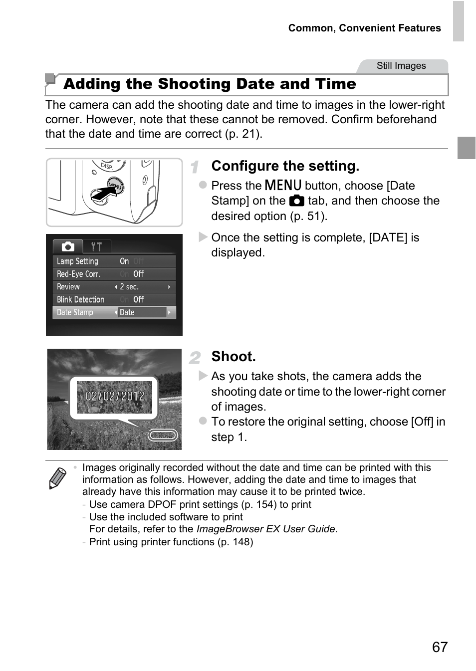 Adding the shooting date and time, Configure the setting, Shoot | Canon A4050 IS User Manual | Page 67 / 186