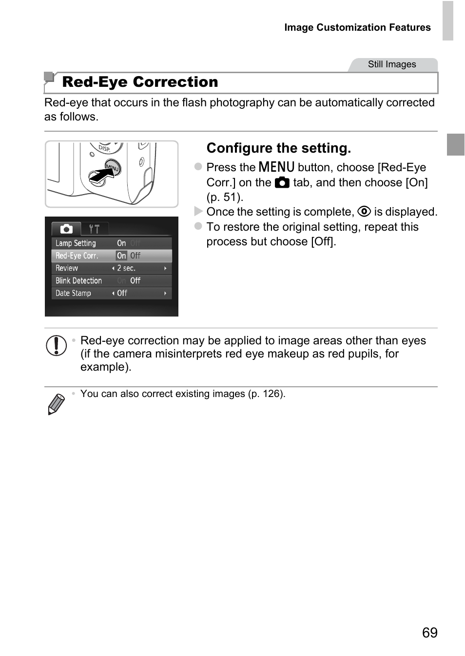 Red-eye correction, Configure the setting | Canon A4050 IS User Manual | Page 69 / 186